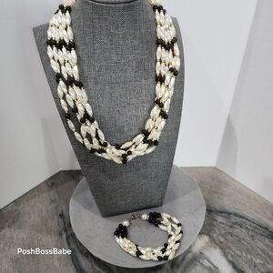 Vintage 5-Strand Faux Pearl & Black Bead Necklace Bracelet Set 20"/9" Gold Tone